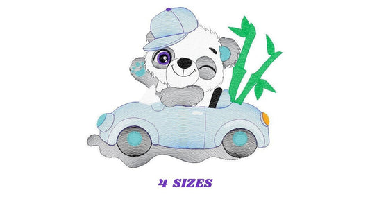 Panda with car embroidery design - Wild Animal machine embroidery pattern - Baby boy file - Instant digital download pes jef dst hus vp3 xxx