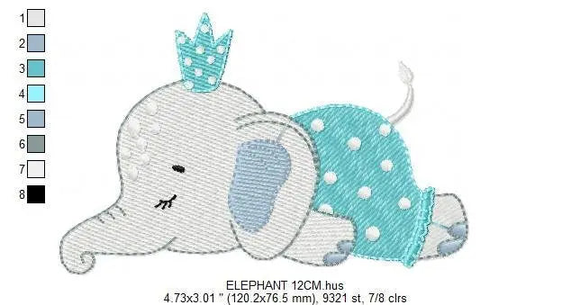 Sleeping Elephant with pajamas embroidery designs - Safari Animal with crown machine embroidery pattern - Baby boy file - Instant download Marcia Embroidery