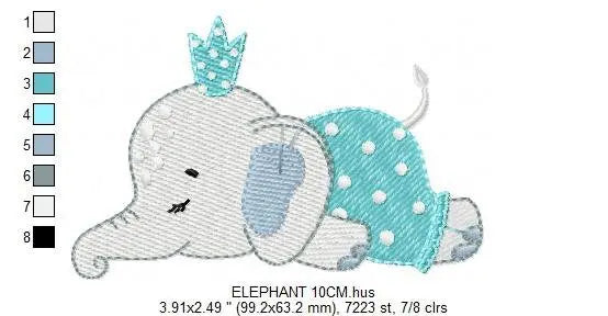 Sleeping Elephant with pajamas embroidery designs - Safari Animal with crown machine embroidery pattern - Baby boy file - Instant download Marcia Embroidery