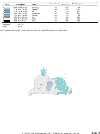 Sleeping Elephant with pajamas embroidery designs - Safari Animal with crown machine embroidery pattern - Baby boy file - Instant download Marcia Embroidery