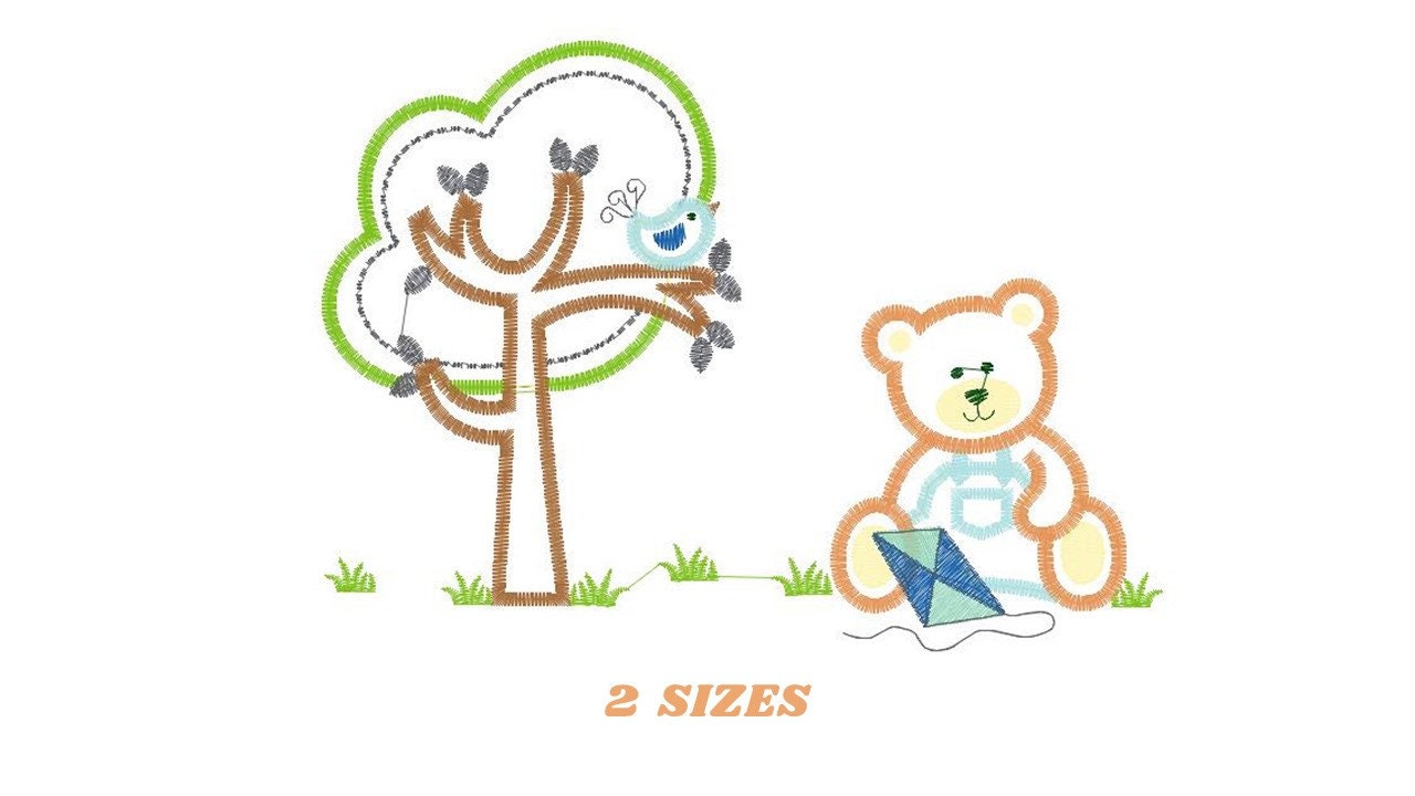 Bear with Kite embroidery designs - Baby Boy machine embroidery pattern - Bear with tree file - Bear applique design - Instant download - Marcia Embroidery