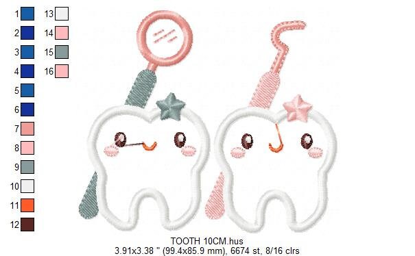 Tooth embroidery designs - Dentist Tools set machine embroidery pattern - Baby Boy and Girl Teeth file - Instant digital download pes jef
