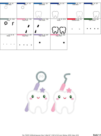 Tooth embroidery designs - Dentist Tools set machine embroidery pattern - Baby Boy and Girl Teeth file - Instant digital download pes jef