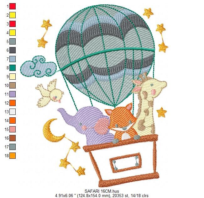 Animal embroidery designs - Hot air balloon embroidery design machine embroidery pattern - Safari embroidery file - Elephant Giraffe Fox pes