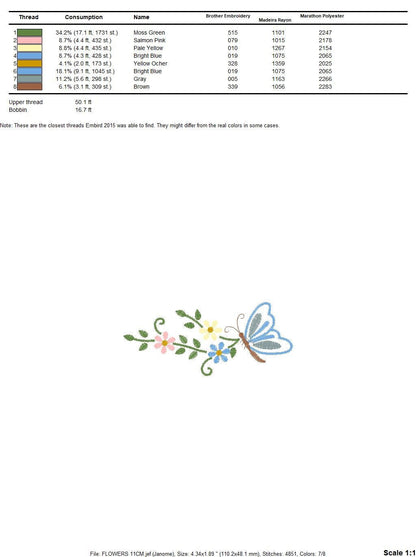 Butterfly embroidery design - Delicate Flowers embroidery designs machine embroidery pattern - Tea towel embroidery file - instant download Marcia Embroidery