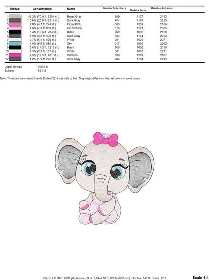 Baby Elephant with lace embroidery designs - Safari Animal machine embroidery pattern - Baby girl file - Instant digital download pes jef