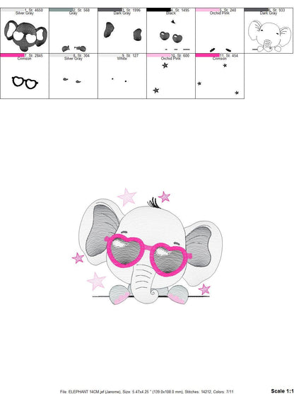 Peek a boo Elephant with sunglasses embroidery designs - Animal with stars embroidery design machine embroidery pattern - instant download