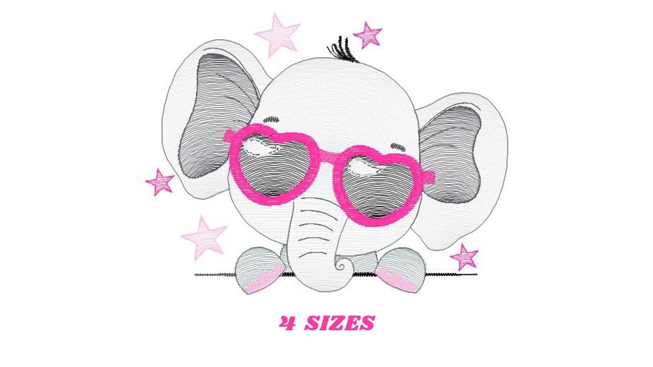 Peek a boo Elephant with sunglasses embroidery designs - Animal with stars embroidery design machine embroidery pattern - instant download