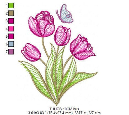 Tulip embroidery designs - Flower embroidery design machine embroidery pattern - Delicate Butterfly embroidery file - instant download pes