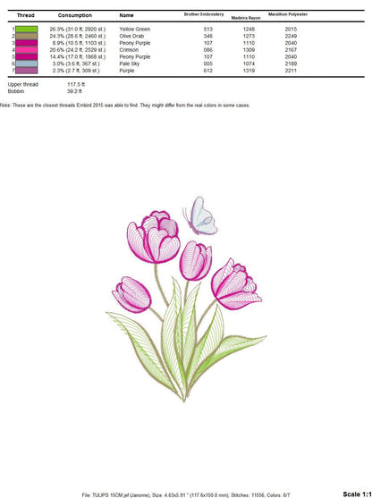 Tulip embroidery designs - Flower embroidery design machine embroidery pattern - Delicate Butterfly embroidery file - instant download pes