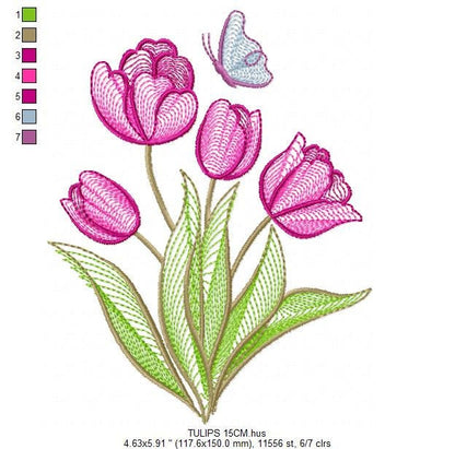 Tulip embroidery designs - Flower embroidery design machine embroidery pattern - Delicate Butterfly embroidery file - instant download pes