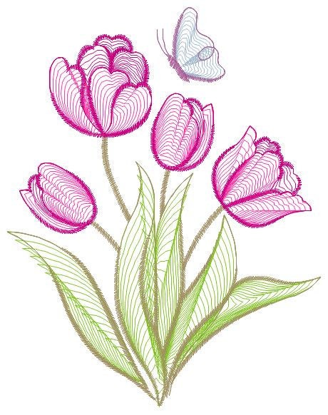 Tulip embroidery designs - Flower embroidery design machine embroidery pattern - Delicate Butterfly embroidery file - instant download pes