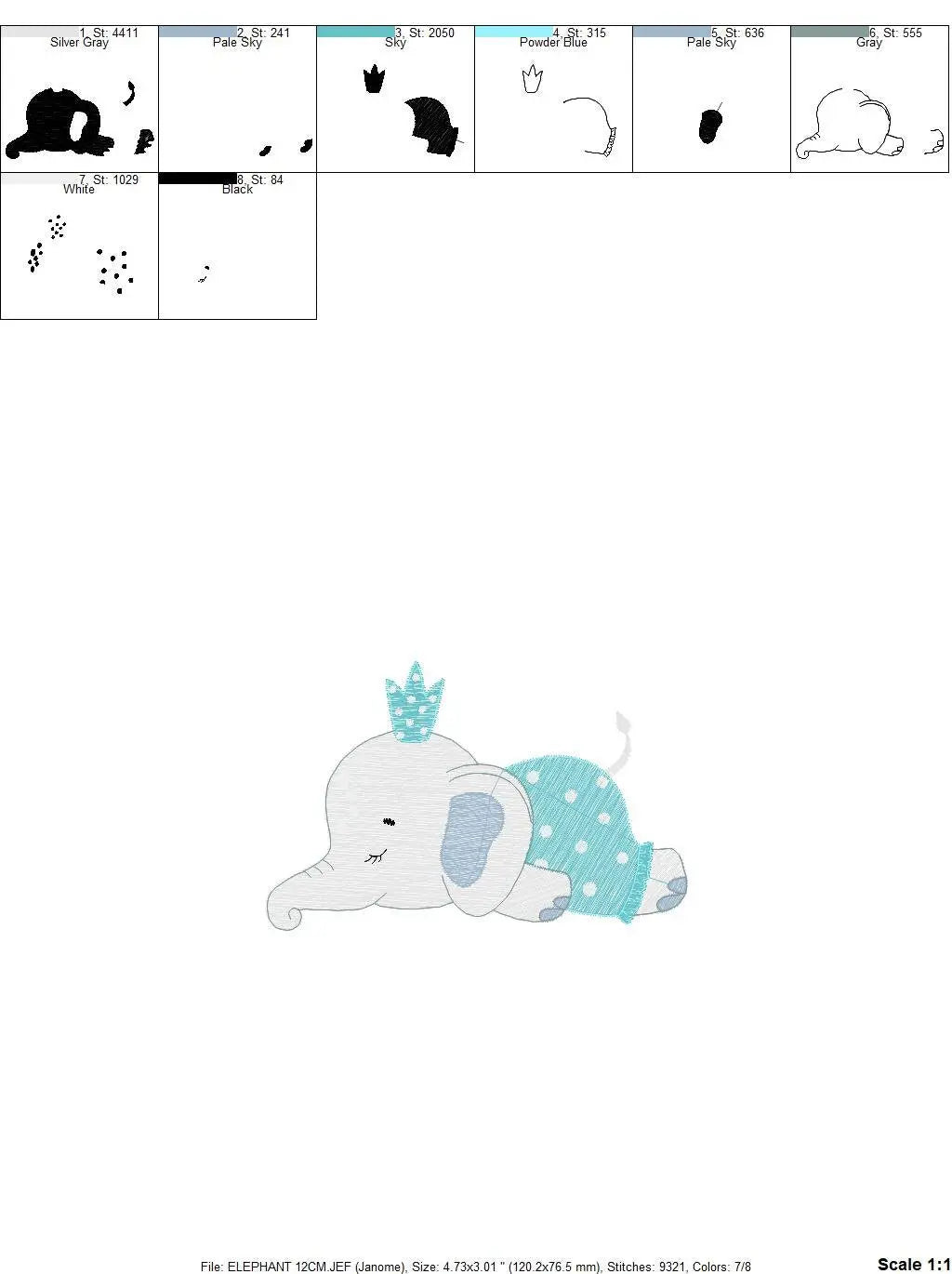 Sleeping Elephant with pajamas embroidery designs - Safari Animal with crown machine embroidery pattern - Baby boy file - Instant download Marcia Embroidery