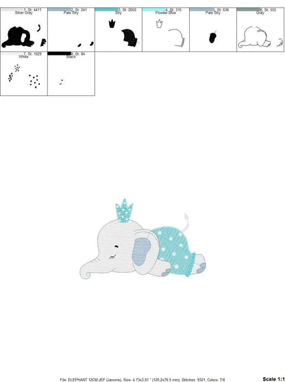 Sleeping Elephant with pajamas embroidery designs - Safari Animal with crown machine embroidery pattern - Baby boy file - Instant download Marcia Embroidery
