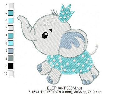 Elephant with crown embroidery designs - Animal embroidery design machine embroidery pattern - Baby boy embroidery file - Baby elephant pes