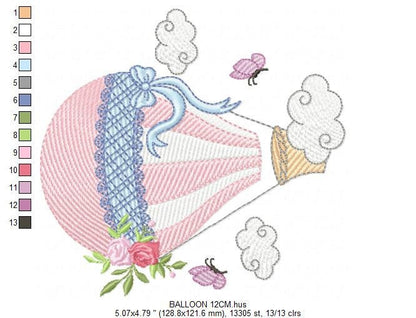 Balloon embroidery designs - Hot air balloon embroidery design machine embroidery pattern - Sky clouds embroidery file - instant download