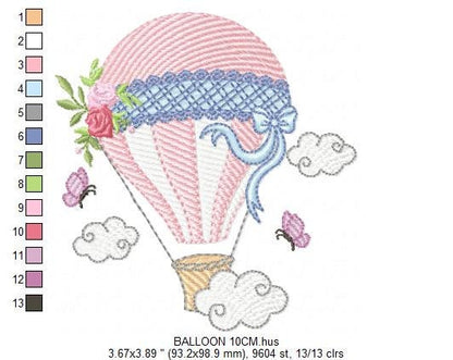 Balloon embroidery designs - Hot air balloon embroidery design machine embroidery pattern - Sky clouds embroidery file - instant download