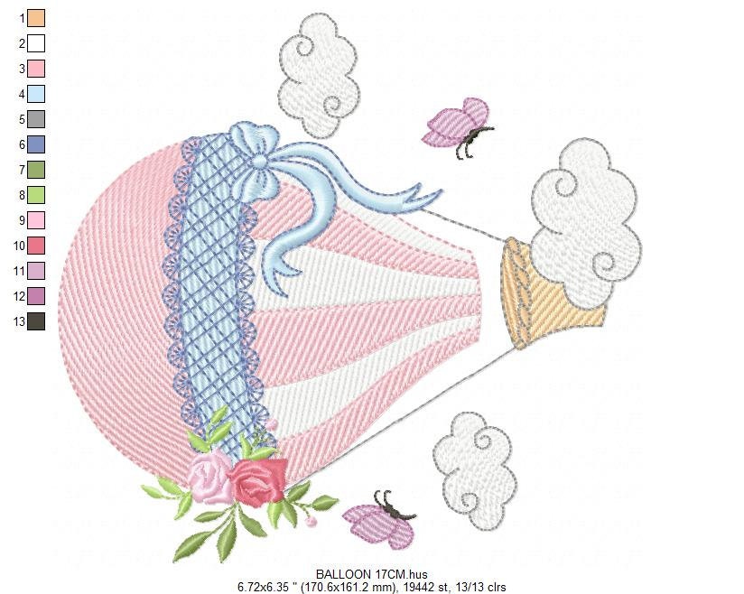 Balloon embroidery designs - Hot air balloon embroidery design machine embroidery pattern - Sky clouds embroidery file - instant download