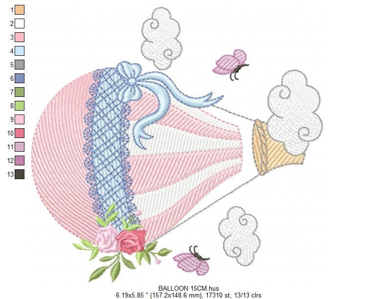 Balloon embroidery designs - Hot air balloon embroidery design machine embroidery pattern - Sky clouds embroidery file - instant download