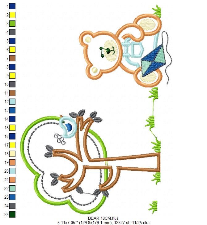 Bear with Kite embroidery designs - Baby Boy machine embroidery pattern - Bear with tree file - Bear applique design - Instant download - Marcia Embroidery