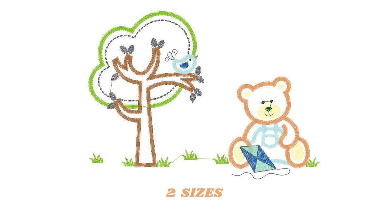 Bear with Kite embroidery designs - Baby Boy machine embroidery pattern - Bear with tree file - Bear applique design - Instant download - Marcia Embroidery