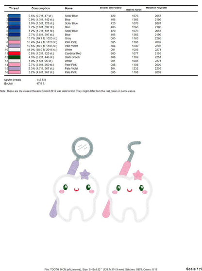 Tooth embroidery designs - Dentist Tools set machine embroidery pattern - Baby Boy and Girl Teeth file - Instant digital download pes jef