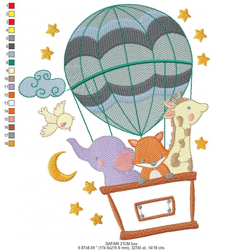 Animal embroidery designs - Hot air balloon embroidery design machine embroidery pattern - Safari embroidery file - Elephant Giraffe Fox pes