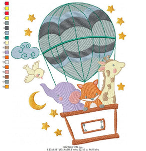 Animal embroidery designs - Hot air balloon embroidery design machine embroidery pattern - Safari embroidery file - Elephant Giraffe Fox pes