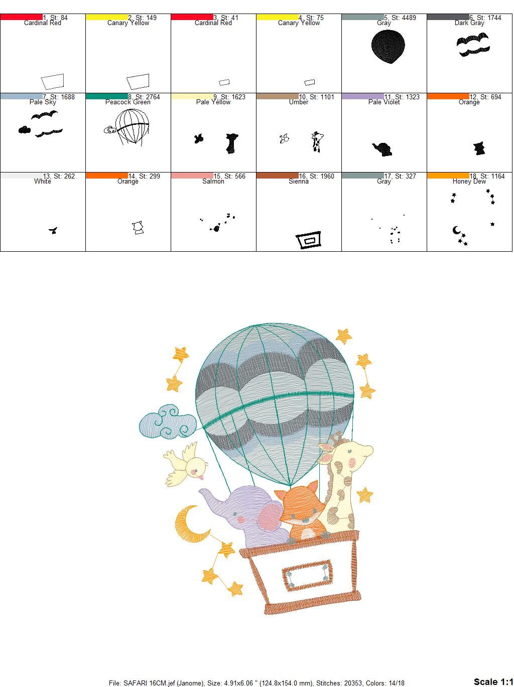 Animal embroidery designs - Hot air balloon embroidery design machine embroidery pattern - Safari embroidery file - Elephant Giraffe Fox pes