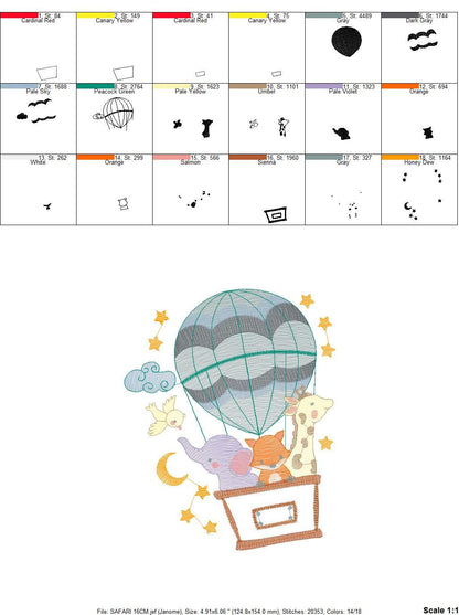 Animal embroidery designs - Hot air balloon embroidery design machine embroidery pattern - Safari embroidery file - Elephant Giraffe Fox pes