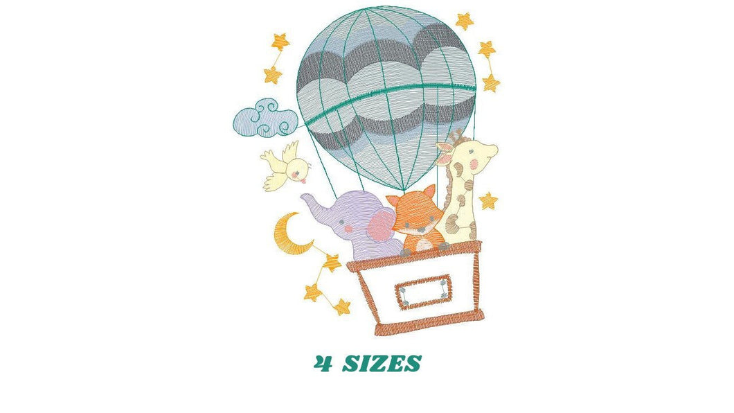 Animal embroidery designs - Hot air balloon embroidery design machine embroidery pattern - Safari embroidery file - Elephant Giraffe Fox pes