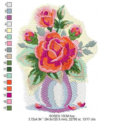 Roses embroidery designs - Flower vase embroidery design machine embroidery pattern - Floral embroidery file - Flowers for towels embroidery Marcia Embroidery