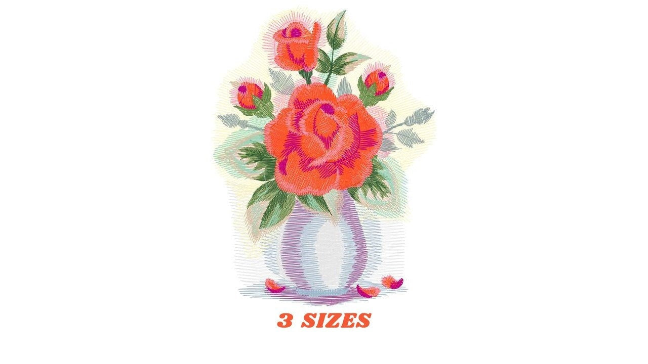 Roses embroidery designs - Flower vase embroidery design machine embroidery pattern - Floral embroidery file - Flowers for towels embroidery Marcia Embroidery