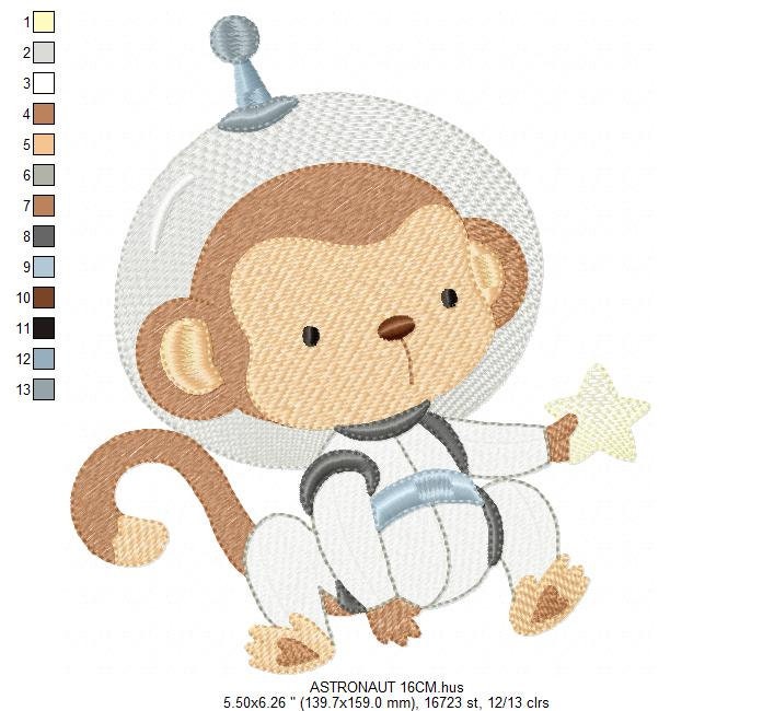 Monkey Astronaut embroidery designs - Baby boy embroidery design machine embroidery pattern - instant download  Space embroidery file Planet