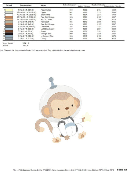 Monkey Astronaut embroidery designs - Baby boy embroidery design machine embroidery pattern - instant download  Space embroidery file Planet