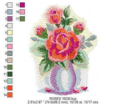 Roses embroidery designs - Flower vase embroidery design machine embroidery pattern - Floral embroidery file - Flowers for towels embroidery Marcia Embroidery