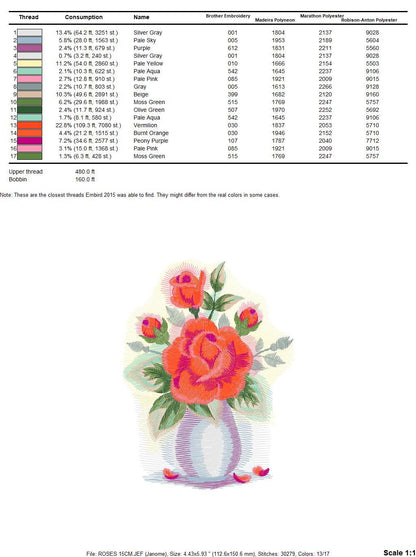 Roses embroidery designs - Flower vase embroidery design machine embroidery pattern - Floral embroidery file - Flowers for towels embroidery Marcia Embroidery