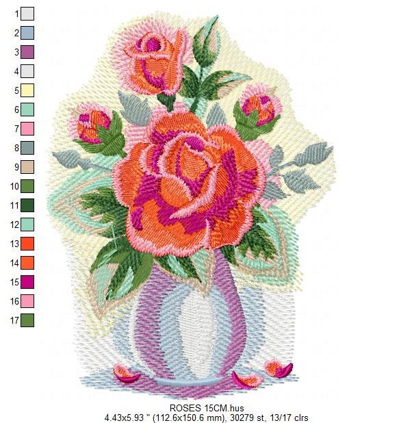 Roses embroidery designs - Flower vase embroidery design machine embroidery pattern - Floral embroidery file - Flowers for towels embroidery Marcia Embroidery