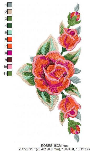 Roses corner embroidery designs - Flower embroidery design machine embroidery pattern - Floral towel embroidery file - pes jef vip vp3 dst