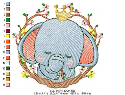 Sleeping Elephant embroidery designs - Wild Animal with crown and frame embroidery design machine embroidery pattern - instant download pes Marcia Embroidery