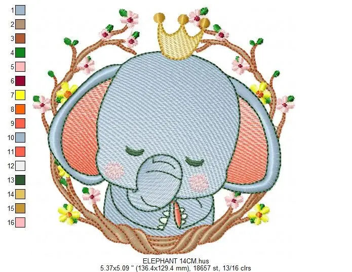 Sleeping Elephant embroidery designs - Wild Animal with crown and frame embroidery design machine embroidery pattern - instant download pes Marcia Embroidery