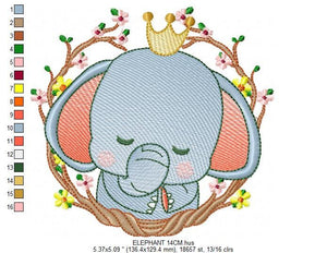 Sleeping Elephant embroidery designs - Wild Animal with crown and frame embroidery design machine embroidery pattern - instant download pes