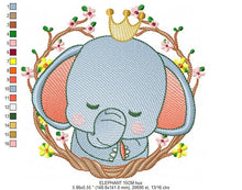 Charger l&#39;image dans la galerie, Sleeping Elephant embroidery designs - Wild Animal with crown and frame embroidery design machine embroidery pattern - instant download pes
