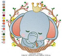 Sleeping Elephant embroidery designs - Wild Animal with crown and frame embroidery design machine embroidery pattern - instant download pes