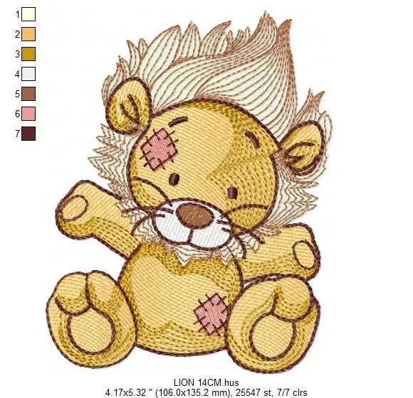 Patched Teddy Lion embroidery designs - Ragged Safari wild animal machine embroidery pattern - Baby boy file - Instant download pes jef dst Marcia Embroidery