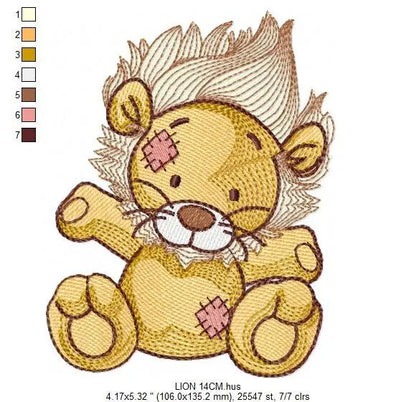 Patched Teddy Lion embroidery designs - Ragged Safari wild animal machine embroidery pattern - Baby boy file - Instant download pes jef dst Marcia Embroidery