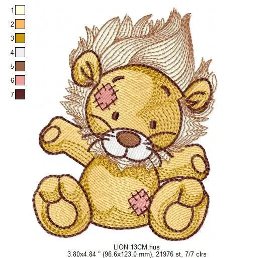 Patched Teddy Lion embroidery designs - Ragged Safari wild animal machine embroidery pattern - Baby boy file - Instant download pes jef dst Marcia Embroidery