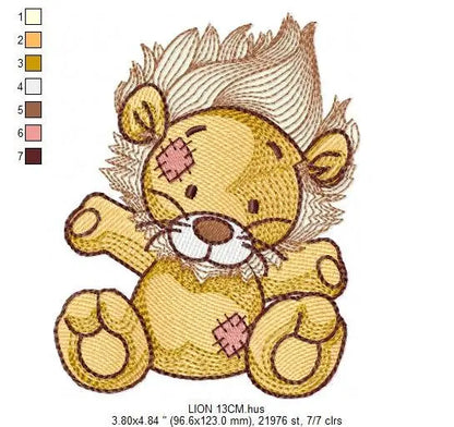 Patched Teddy Lion embroidery designs - Ragged Safari wild animal machine embroidery pattern - Baby boy file - Instant download pes jef dst Marcia Embroidery