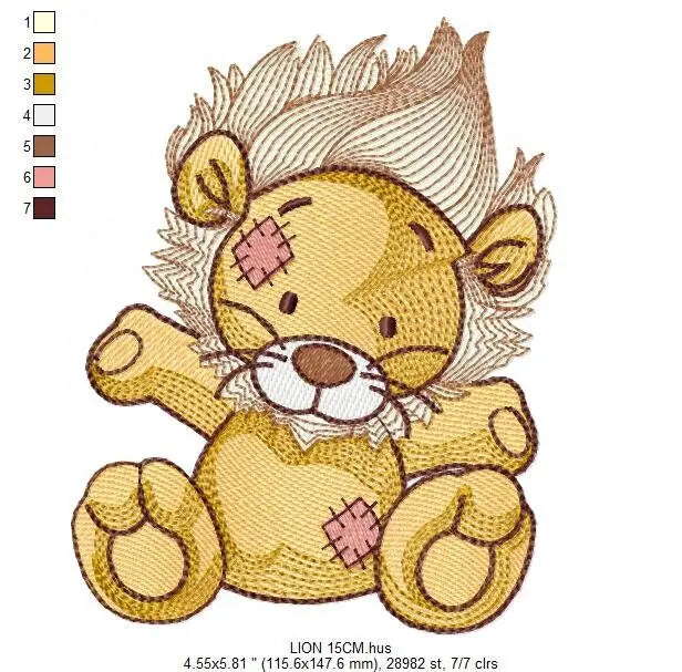 Patched Teddy Lion embroidery designs - Ragged Safari wild animal machine embroidery pattern - Baby boy file - Instant download pes jef dst Marcia Embroidery