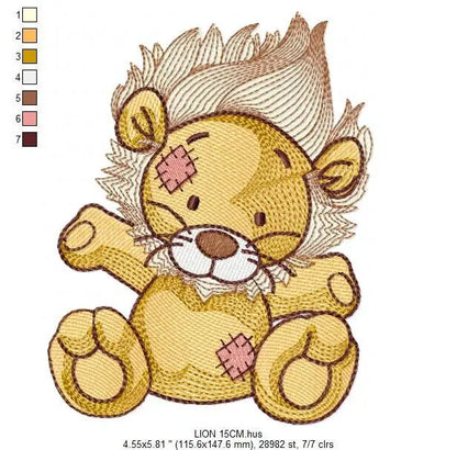 Patched Teddy Lion embroidery designs - Ragged Safari wild animal machine embroidery pattern - Baby boy file - Instant download pes jef dst Marcia Embroidery